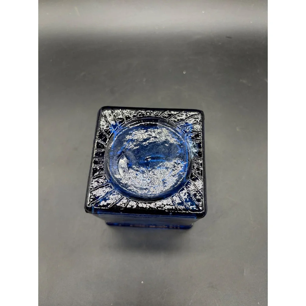 Cobalt Blue Art Glass Square Votive Candle Holder Textured Heavy Glass Planter